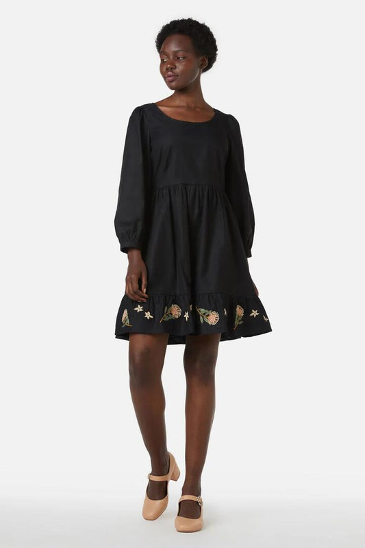 Image of a model wearing Dress. Productname: Protea Emb Dress in Black colour by brand - Princess Highway