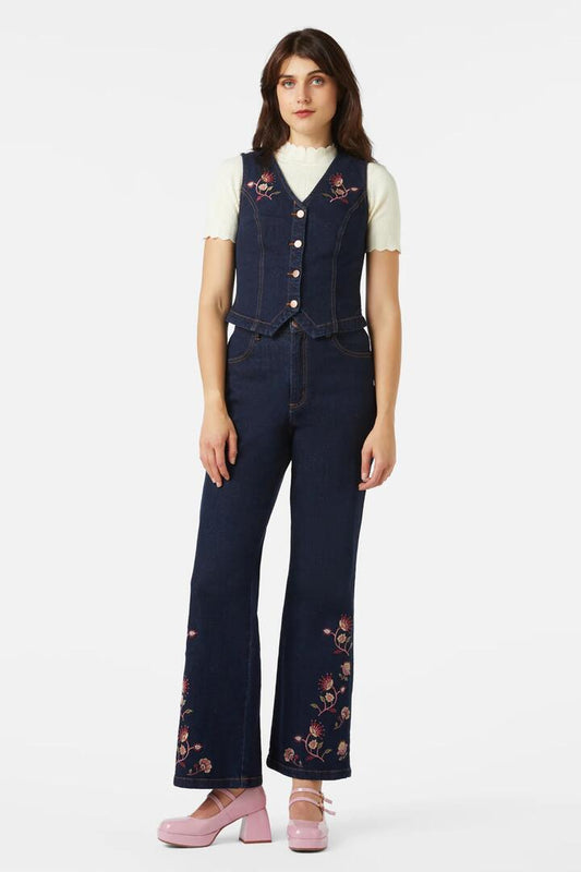 Image of Coats & Jackets. Product name - Boho Paisley Embroidered Vest in Dark Denim colour by brand - Princess Highway