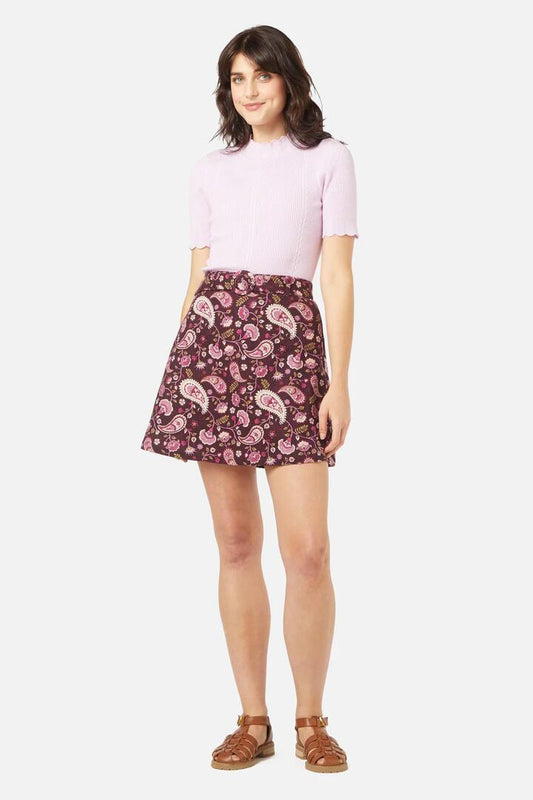 Image of a model wearing Skirts. Productname: Boho Paisley Skirt in Plum colour by brand - Princess Highway