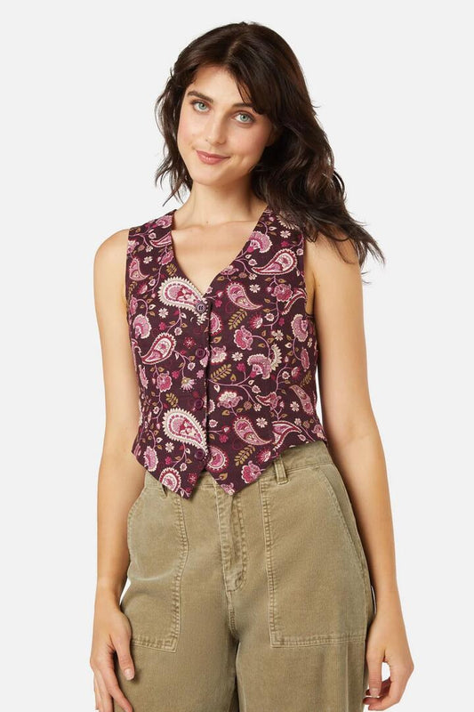 Image of a model wearing Tops. Productname: Boho Paisley Vest in Plum colour by brand - Princess Highway