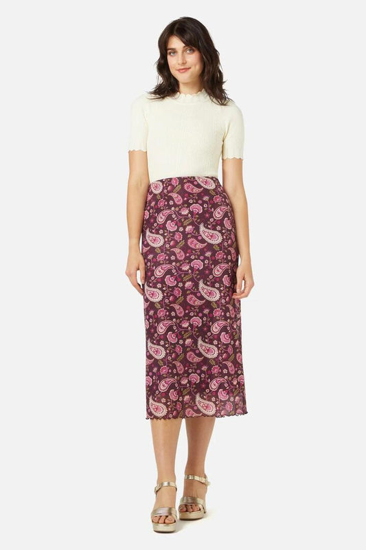 Image of a model wearing Skirts. Productname: Paisley Mesh Skirt in Plum colour by brand - Princess Highway
