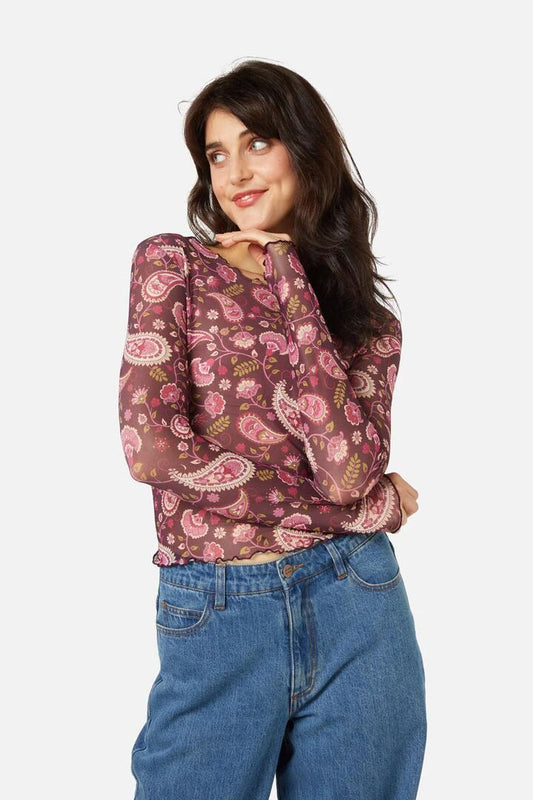 Image of a model wearing Tops. Productname: Paisley Mesh Top in Plum colour by brand - Princess Highway