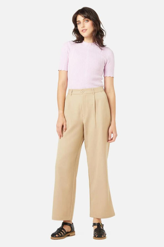 Image of a model wearing Pants. Productname: Sage Tailored Pant in Tan colour by brand - Princess Highway