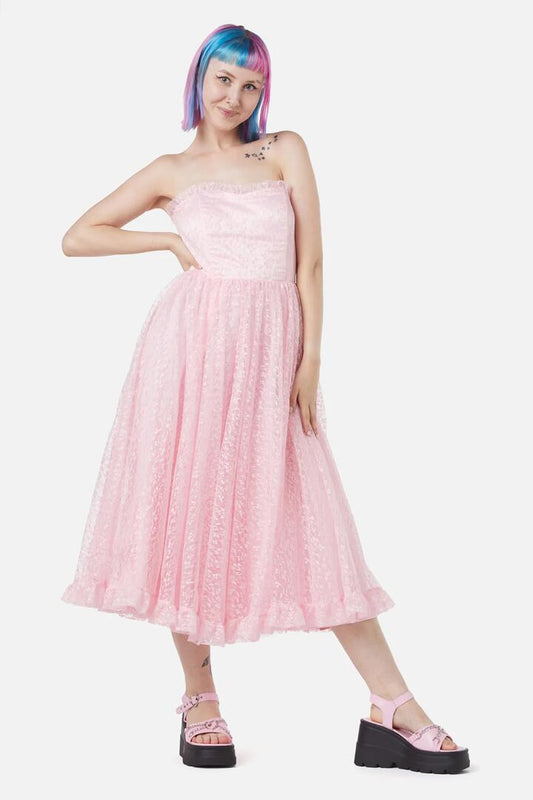 Image of a model wearing Dress. Productname: Elina Lace Trim Dress in Pink colour by brand - Dangerfield