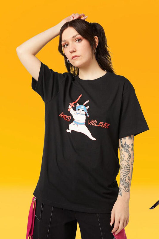 Image of a model wearing Tops. Productname: Animated Violence in Black colour by brand - Pulp Kitchen