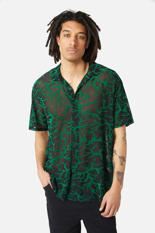 Image of a model wearing Shorts. Productname: Neglected Flocked Mesh Short Sleeve Shirt in Black colour by brand - Dangerfield