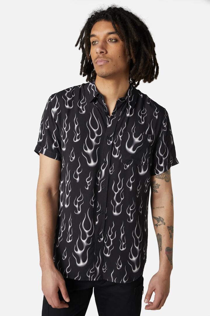 Image of a model wearing Shorts. Productname: Naked Flame Short Sleeve Shirt in Black colour by brand - Dangerfield
