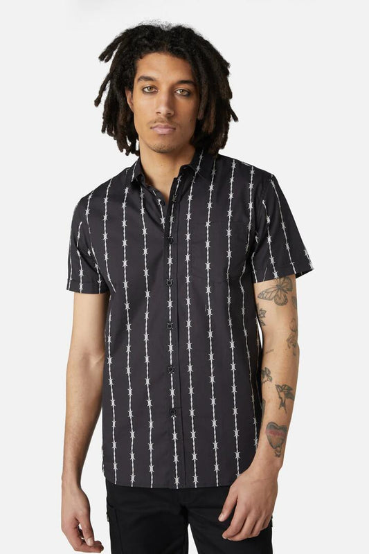 Image of a model wearing Shorts. Productname: Barbed Wire Short Sleeve Shirt in Black/White colour by brand - Dangerfield