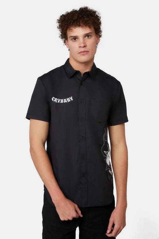 Image of a model wearing Shorts. Productname: The End Side Printed Short Sleeve Shirt in Black/White colour by brand - Dangerfield