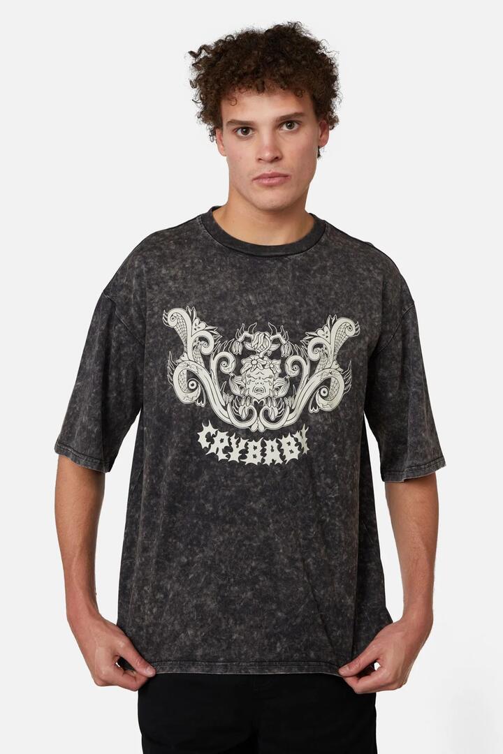 Image of a model wearing Tops. Productname: Break Their Hearts Acid Wash Tee in Grey colour by brand - Dangerfield