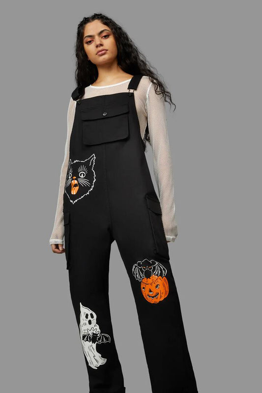 Image of a model wearing Pants. Productname: Spooky Season Overall in Black colour by brand - Black Friday