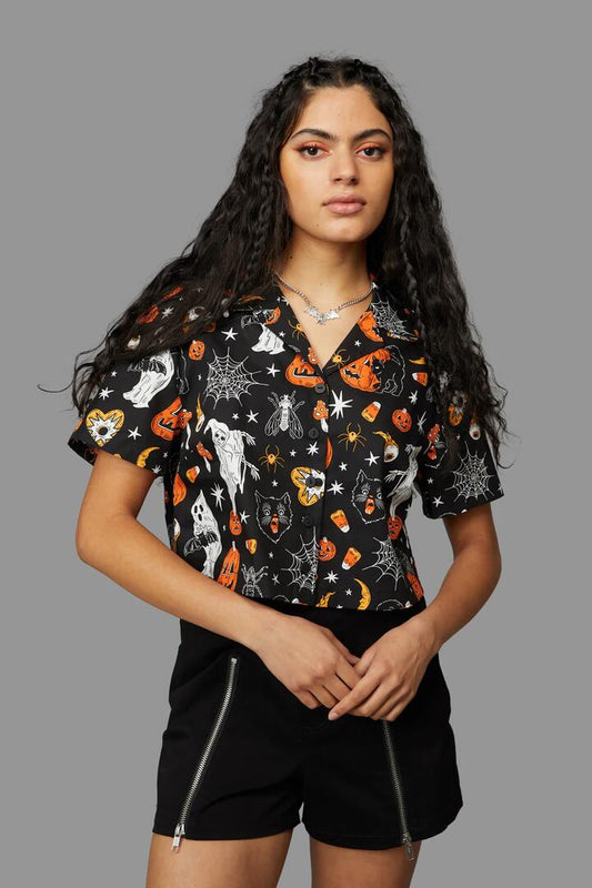 Image of a model wearing Tops. Productname: Spooky Season Blouse in Black colour by brand - Black Friday