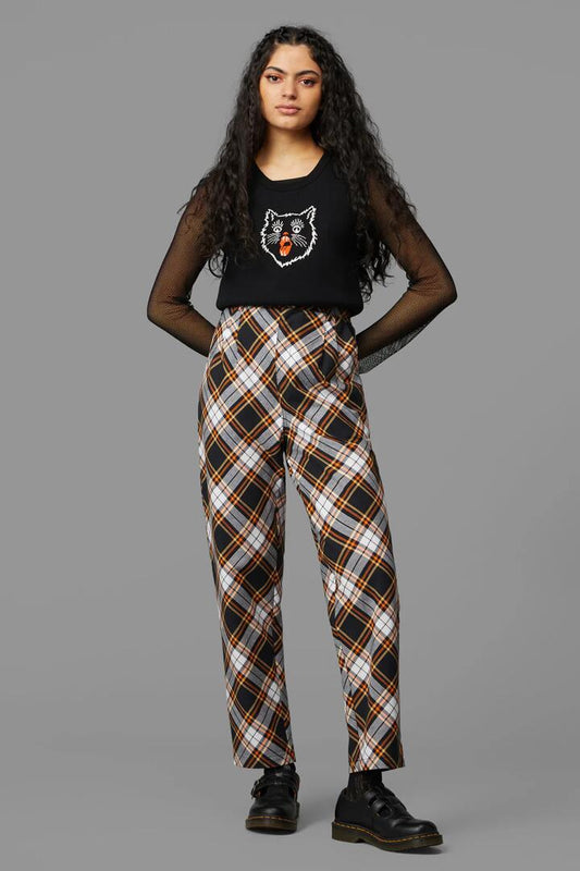 Image of a model wearing Pants. Productname: Pumpkin Tartan Pant in Black/Orange colour by brand - Black Friday