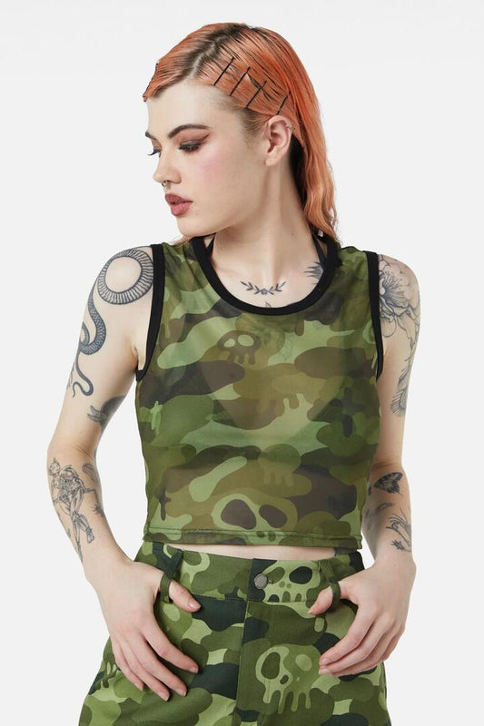 Image of a model wearing Tops. Productname: Nook Of The Garden Camo Mesh Tank in Green colour by brand - Dangerfield