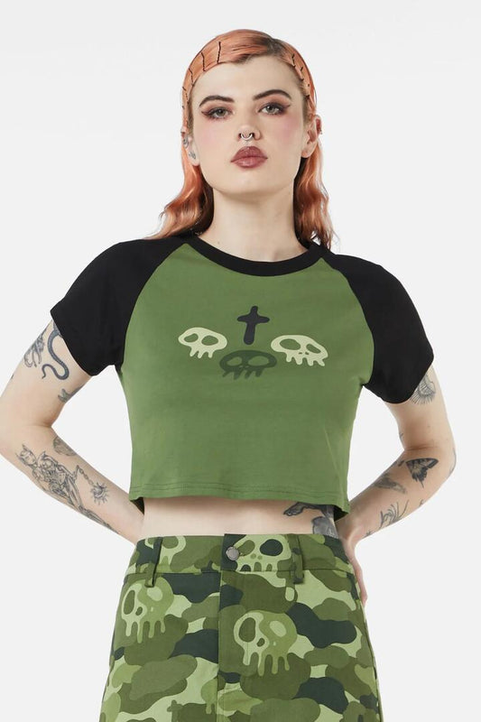 Image of a model wearing Tops. Productname: Nook Of The Garden Placement Tee in Green colour by brand - Dangerfield