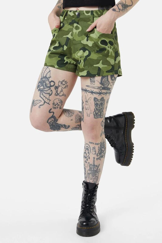 Image of a model wearing Shorts. Productname: Nook Of The Garden Camo Short in Green colour by brand - Dangerfield