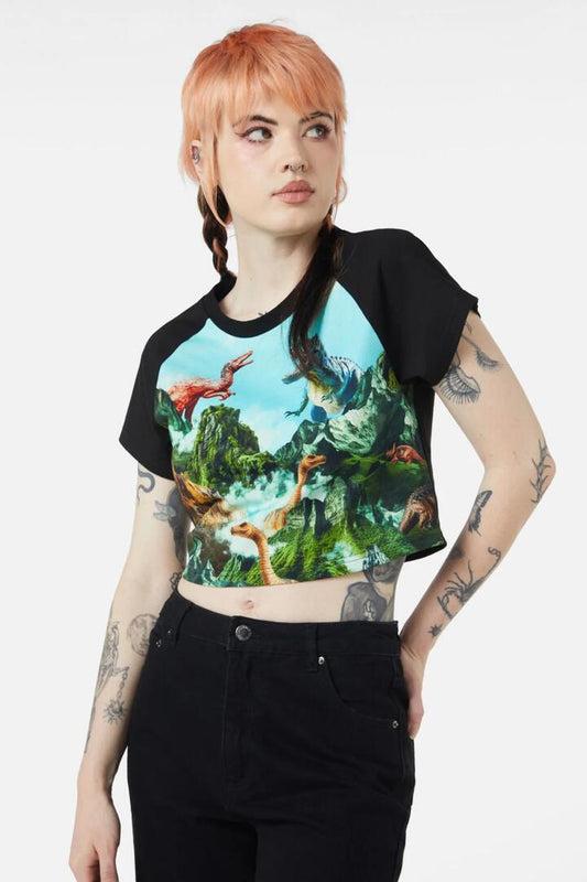 Image of a model wearing Tops. Productname: Triassic Scene Baby Tee in Multi colour by brand - Dangerfield