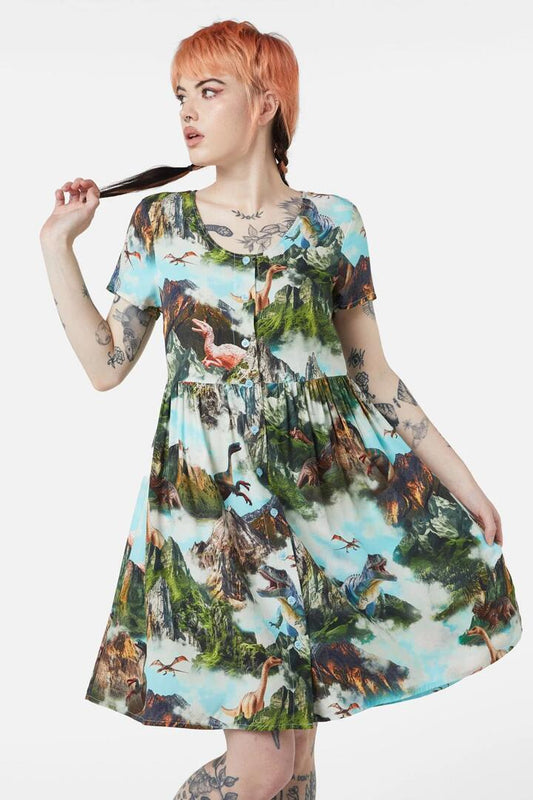 Image of a model wearing Dress. Productname: Triassic Scene Printed Dress in Multi colour by brand - Dangerfield