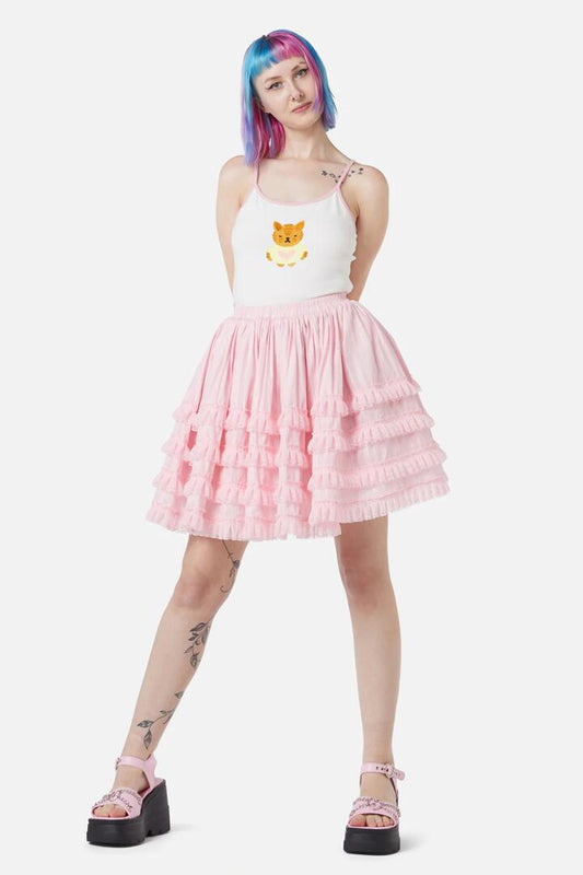 Image of a model wearing Skirts. Productname: Elina Lace Trim Skirt in Pink colour by brand - Dangerfield