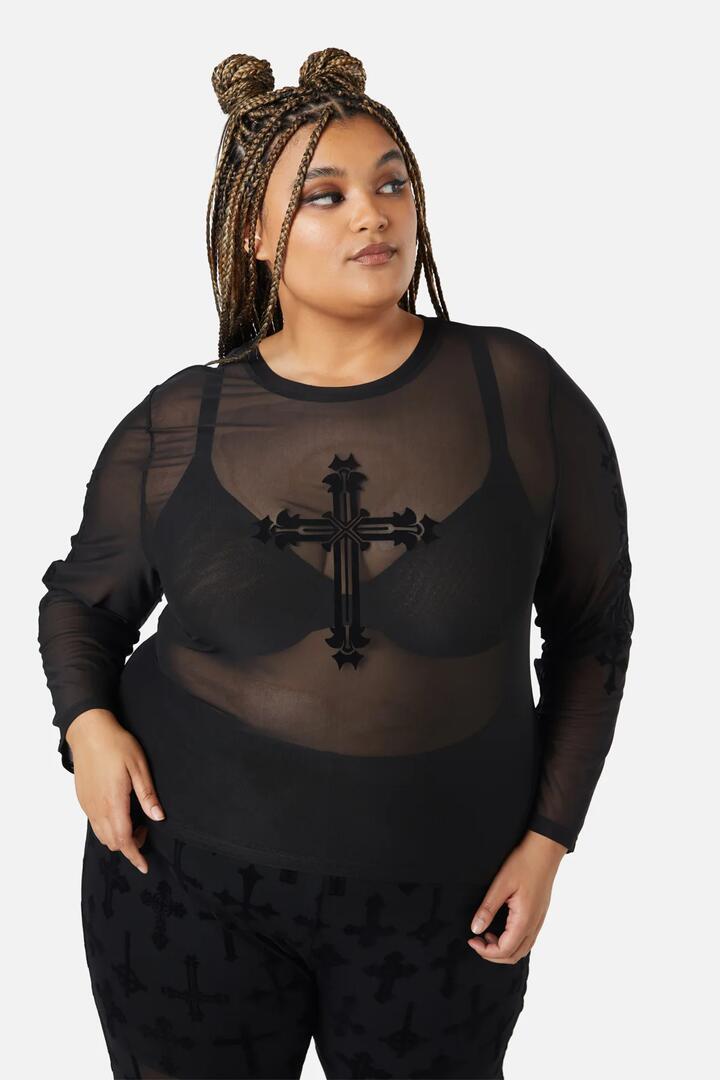 Image of a model wearing Tops. Productname: Curve Hail Lilith Flocked Mesh Top in Black colour by brand - Dangerfield