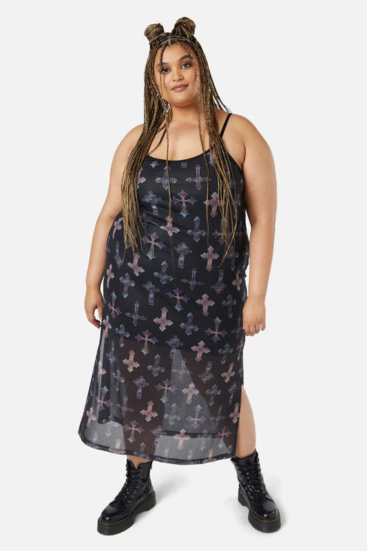 Image of a model wearing Dress. Productname: Curve Hope Had Died Mesh Dress in Black colour by brand - Dangerfield