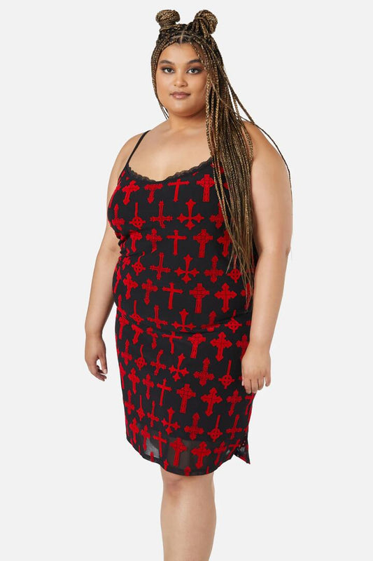 Image of a model wearing Dress. Productname: Curve Vowed Flocked Mesh Dress in Red colour by brand - Dangerfield
