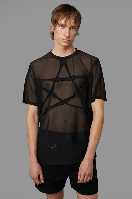 Image of a model wearing Tops. Productname: Pentagram Mesh Tee in Black colour by brand - Black Friday