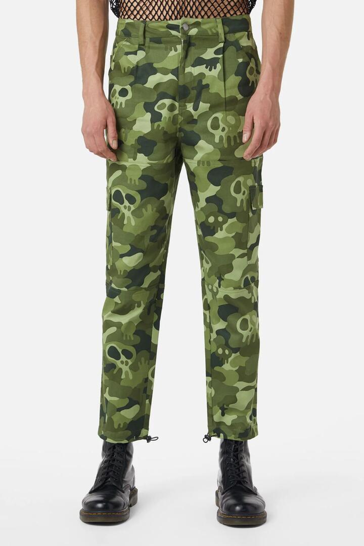 Image of a model wearing Pants. Productname: Nook Of The Garden Camo Cargos in Green colour by brand - Dangerfield