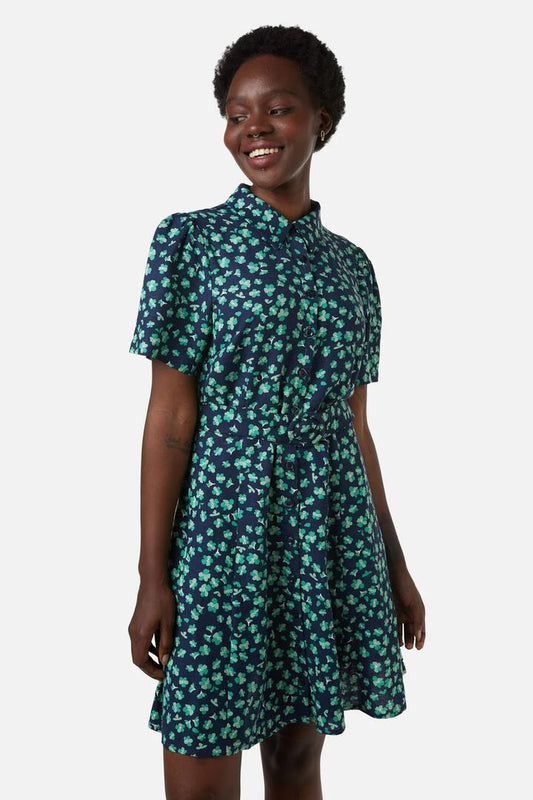 Image of a model wearing Dress. Productname: Mille Fleur Shirt Dress in Navy colour by brand - Princess Highway