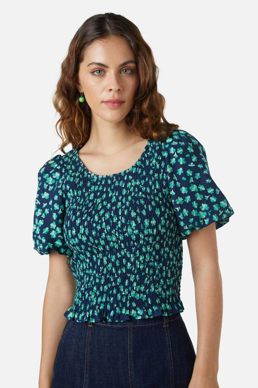 Image of a model wearing Tops. Productname: Mille Fleur Top in Navy colour by brand - Princess Highway