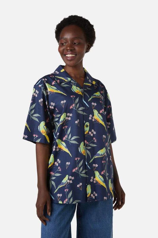Image of a model wearing Tops. Productname: Parrot Shirt in Navy colour by brand - Princess Highway