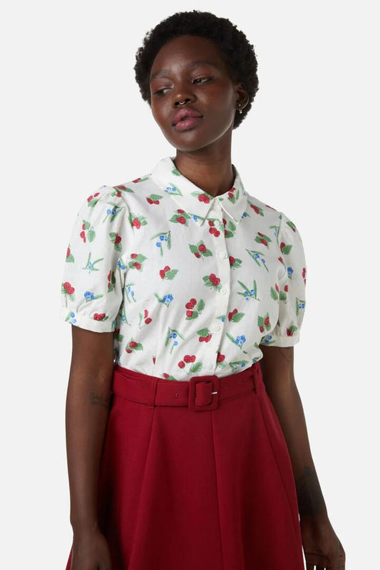 Image of a model wearing Tops. Productname: Berry Blouse in Cream colour by brand - Princess Highway