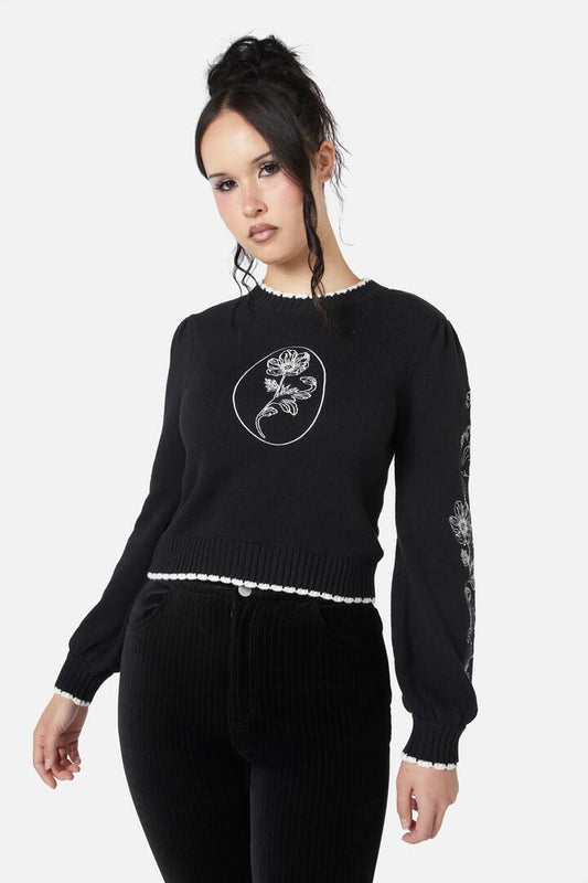 Image of a model wearing Tops. Productname: Still Life Cameo Knit in Black colour by brand - Dangerfield