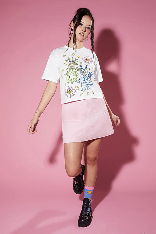 Image of a model wearing Tops. Productname: Twin Flames Tee in White colour by brand - Dangerfield