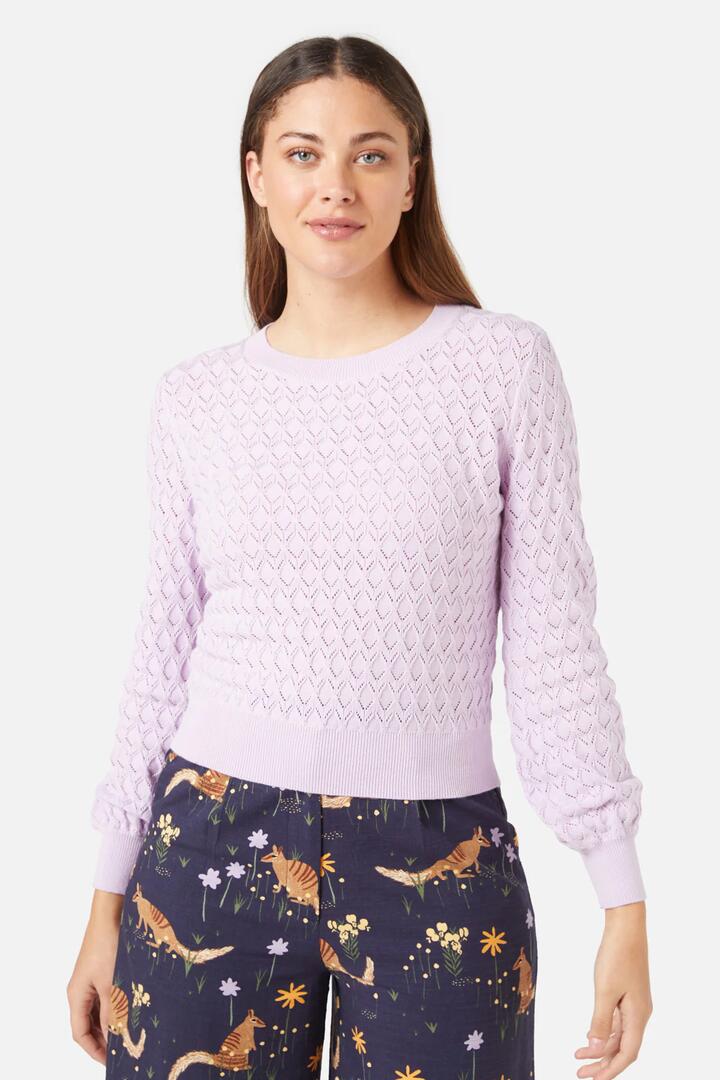 Image of a model wearing Outerwear. Productname: Lyra Sweater in Lilac colour by brand - Princess Highway