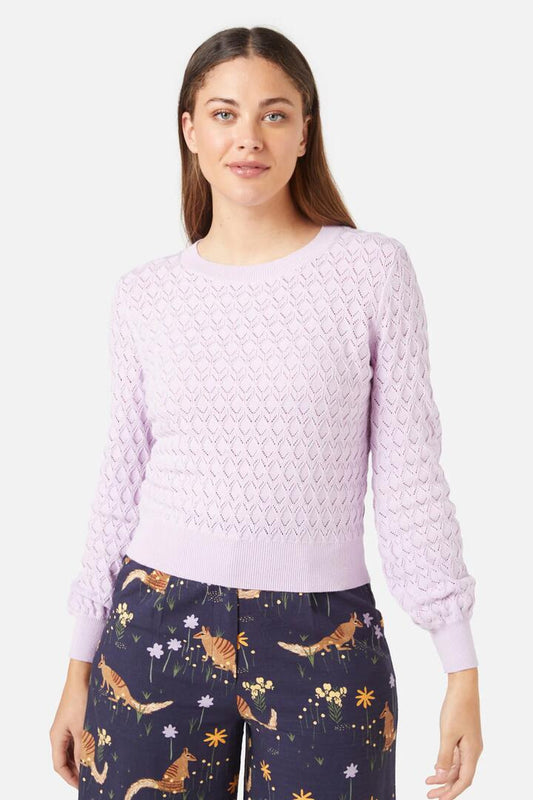 Image of a model wearing Outerwear. Productname: Lyra Sweater in Lilac colour by brand - Princess Highway