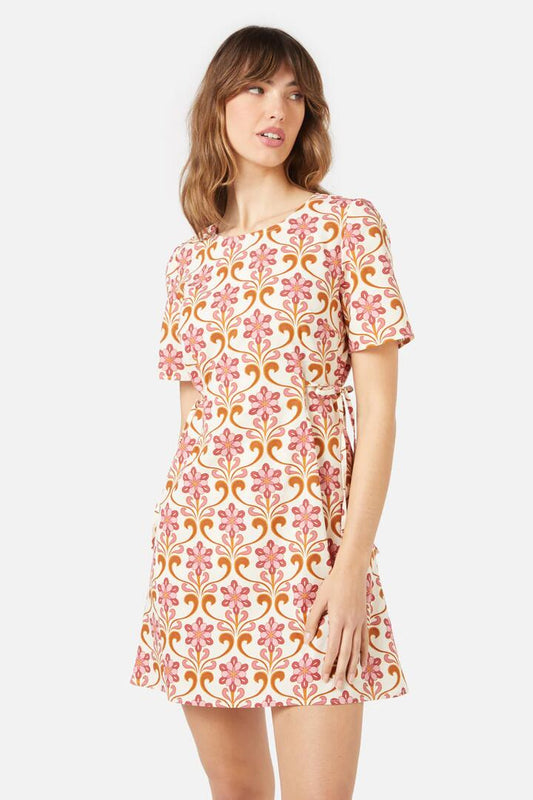 Image of a model wearing Dress. Productname: Odette Mini Dress in Cream colour by brand - Princess Highway