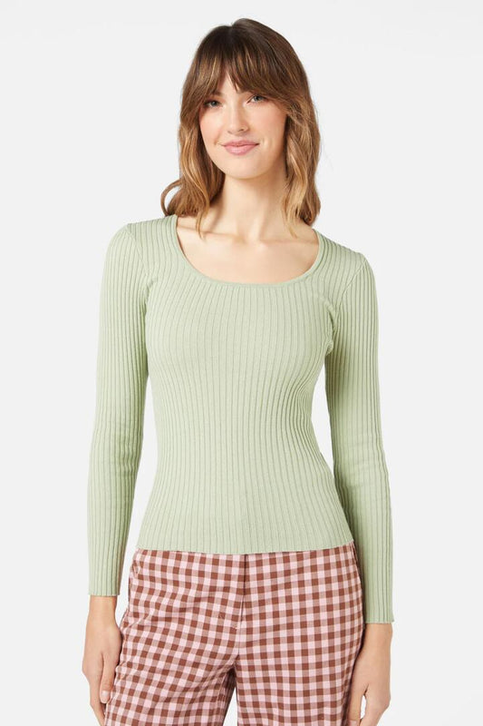 Image of a model wearing Tops. Productname: Arietta Knit Top in Soft Green colour by brand - Princess Highway