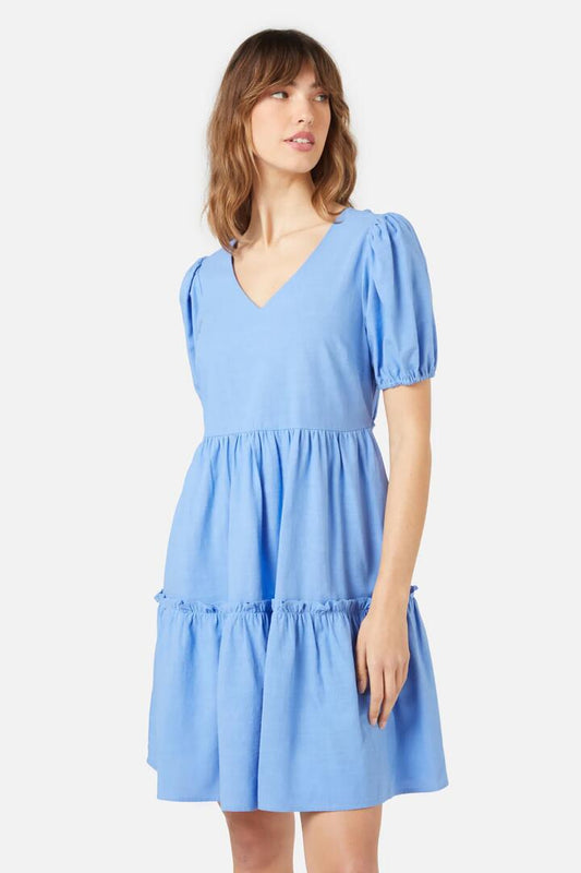 Image of a model wearing Dress. Productname: Becky Mini Dress in Cornflower Blue colour by brand - Princess Highway