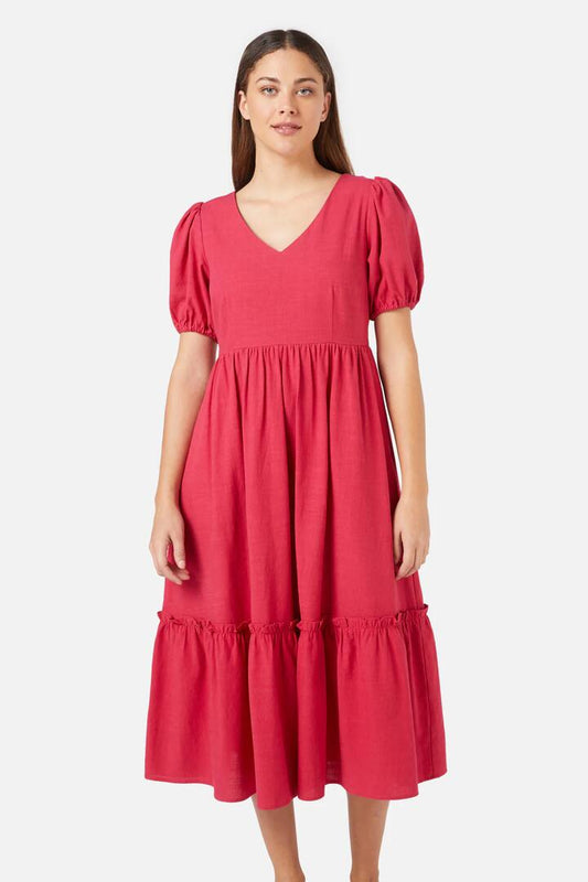 Image of a model wearing Dress. Productname: Francine Midi Dress in Berry colour by brand - Princess Highway