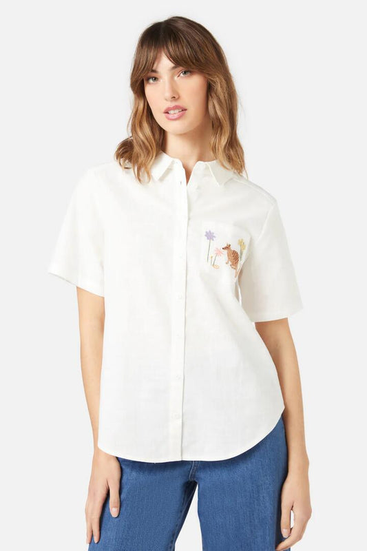 Image of a model wearing Tops. Productname: Numbat Emb Shirt in Cream colour by brand - Princess Highway