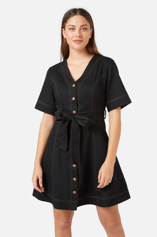 Image of a model wearing Dress. Productname: Tiana Mini Dress in Black colour by brand - Princess Highway