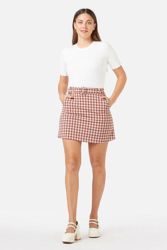 Image of a model wearing Skirts. Productname: Gelati Gingham Skirt in Pink/Chocolate colour by brand - Princess Highway