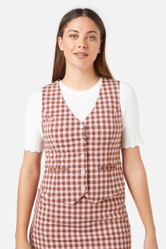 Image of a model wearing Tops. Productname: Gelati Gingham Vest in Pink/Chocolate colour by brand - Princess Highway