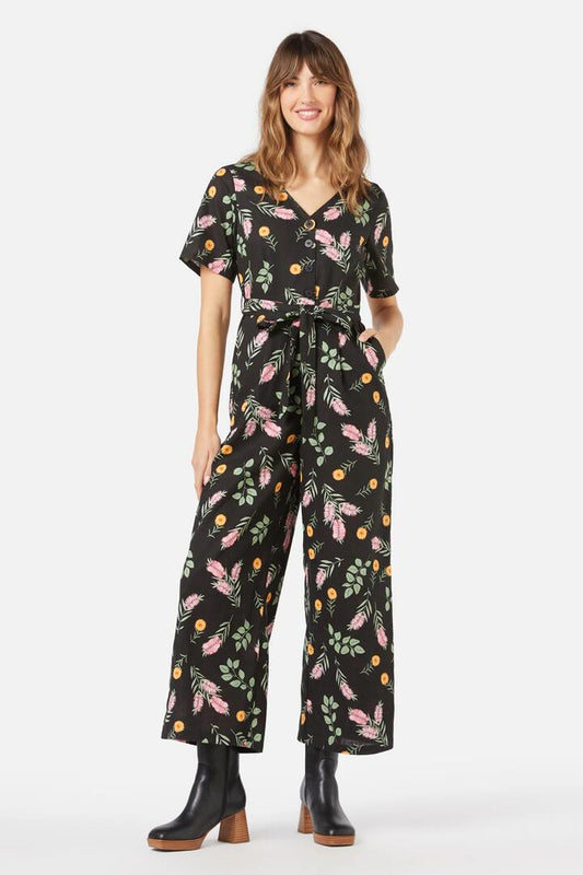 Image of a model wearing Outerwear. Productname: Wild Flower Jumpsuit in Black colour by brand - Princess Highway
