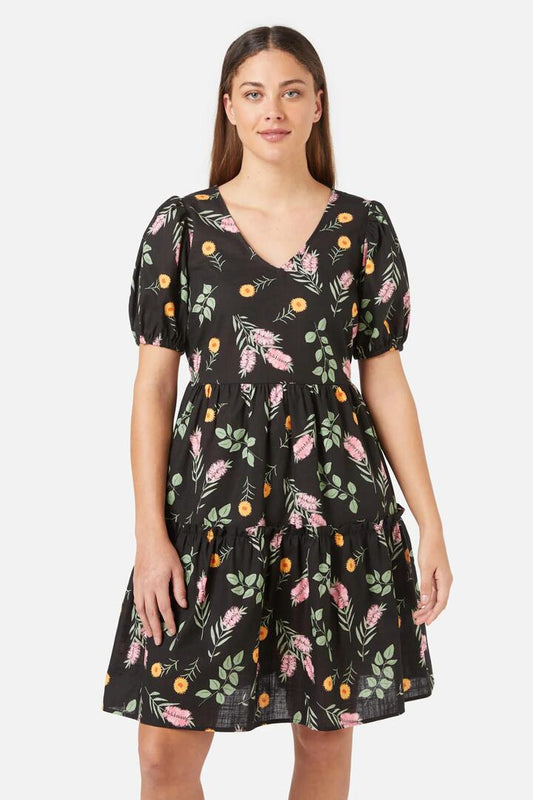 Image of a model wearing Dress. Productname: Wild Flower Mini Dress in Black colour by brand - Princess Highway