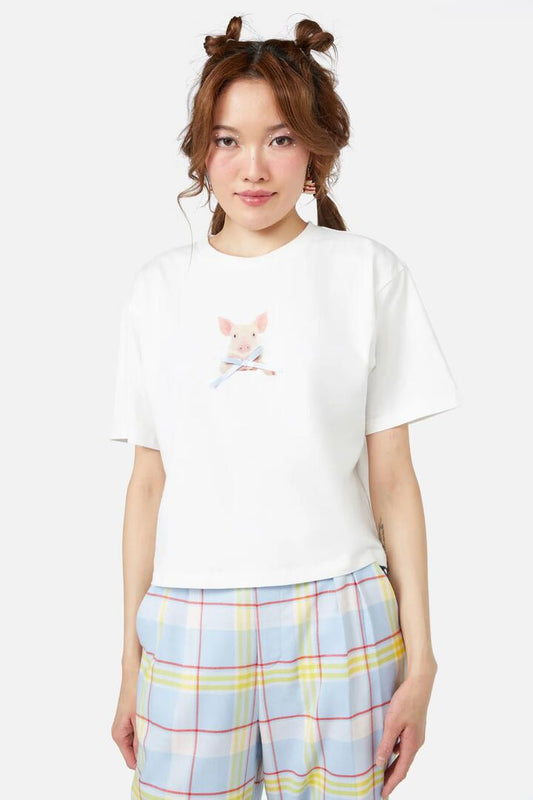 Image of a model wearing Tops. Productname: Silly Babe Bow Tee in Cream colour by brand - Dangerfield