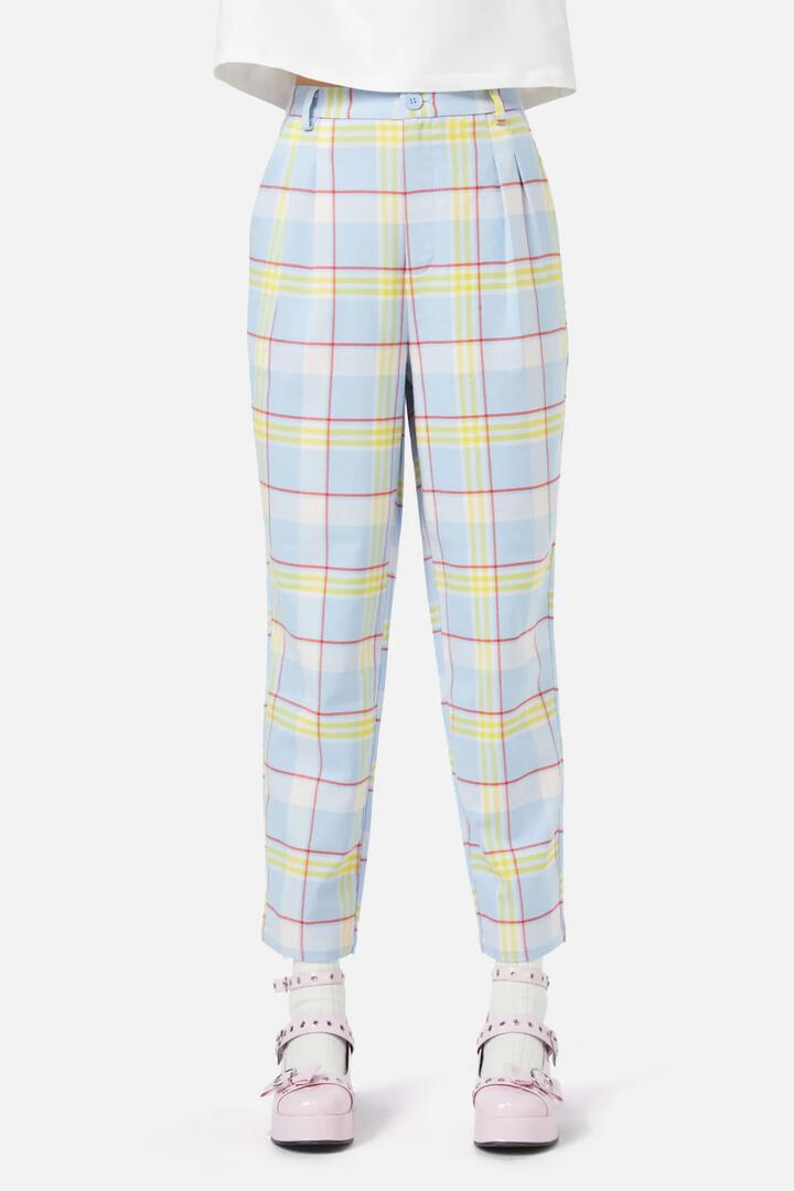 Image of a model wearing Pants. Productname: Silly Goose Tartan Pant in Blue colour by brand - Dangerfield