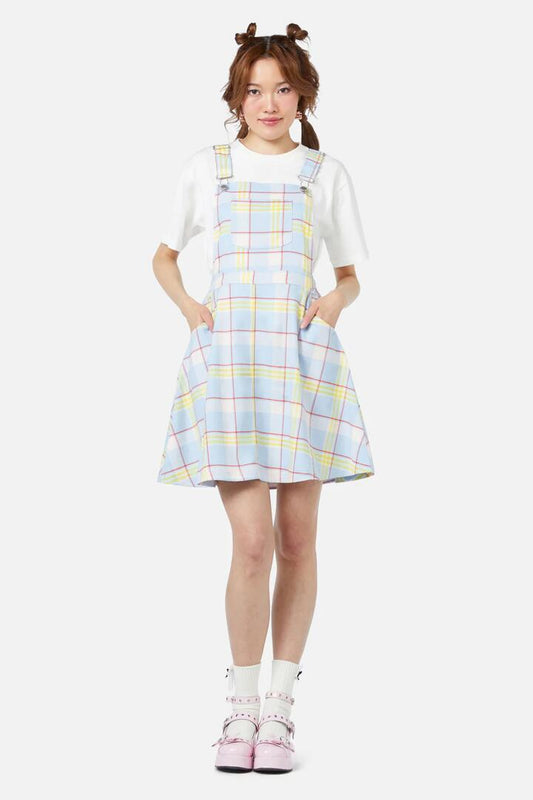 Image of a model wearing Dress. Productname: Silly Goose Tartan Pinny in Blue colour by brand - Dangerfield