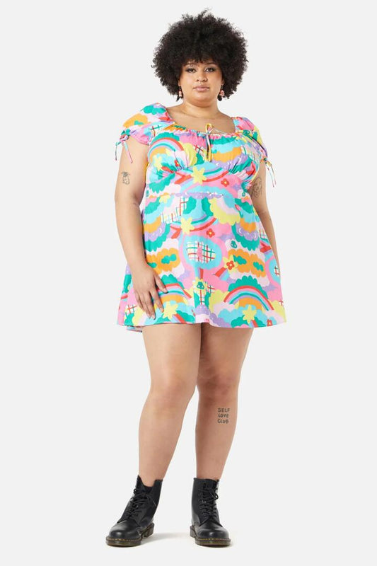 Image of a model wearing Dress. Productname: Curve Idolize Babydoll Dress in Rainbow colour by brand - Dangerfield